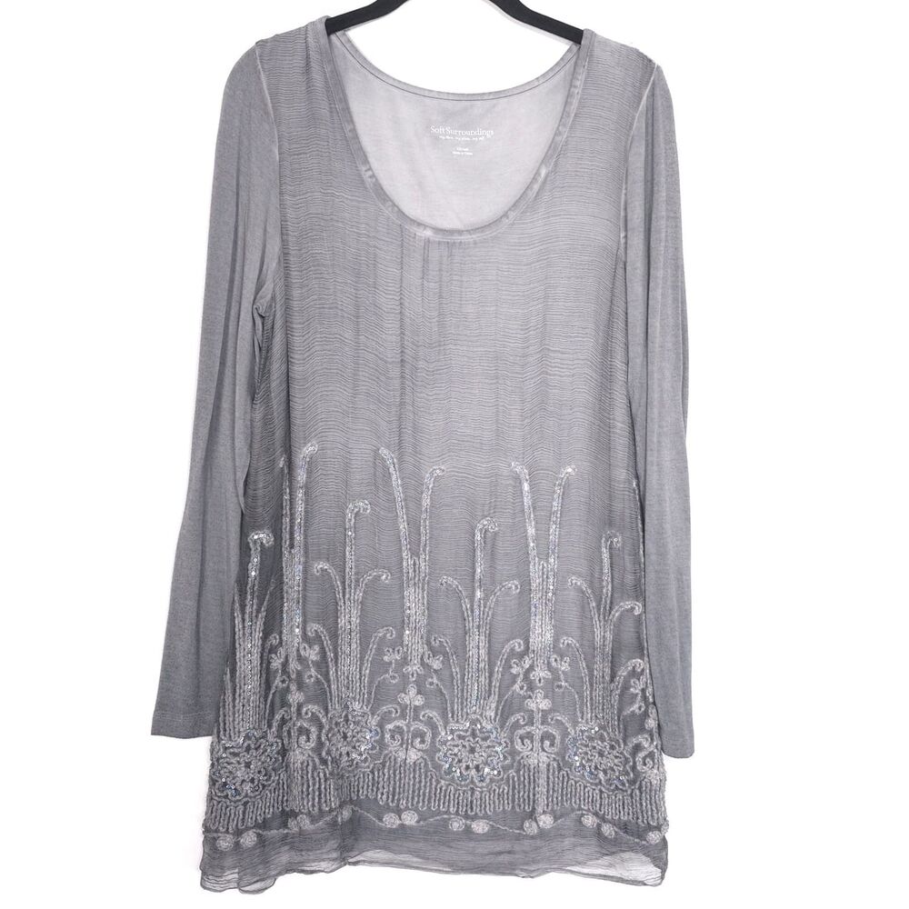 SOFT SORROUNDINGS Women's XS Gray 100% Silk Top Tunic Beaded Embroidered 25743